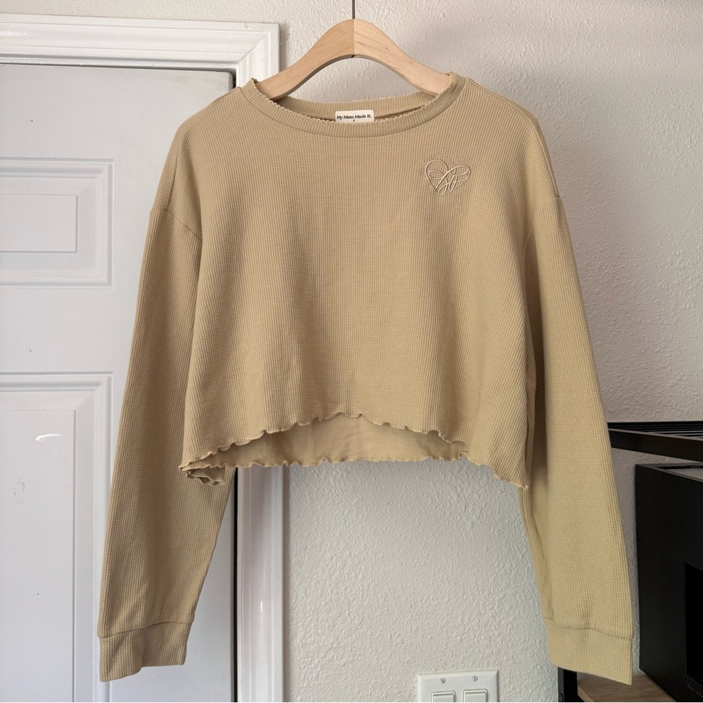 MY MUM MADE IT tan organic cotton waffle thermal‎ knit cropped lettuce boxy tee
